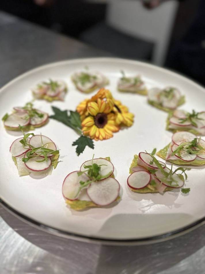 Radish crudo, sunflower. Chef Tasos Luxury Dining, Miami