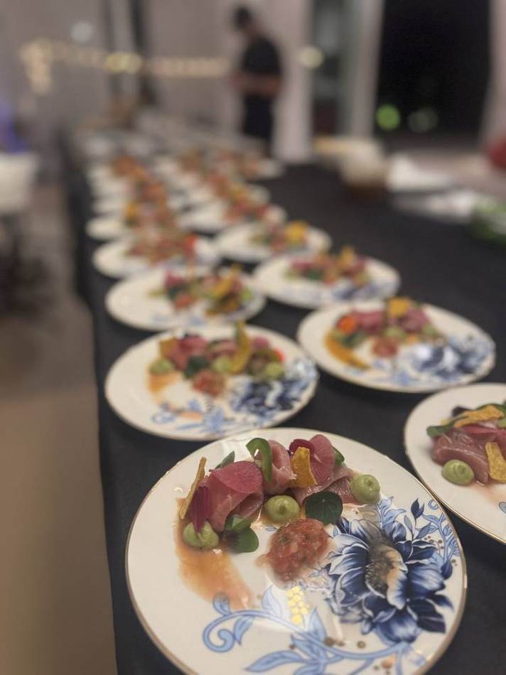 Plated course line, blue china. Chef Tasos Luxury Dining, Miami