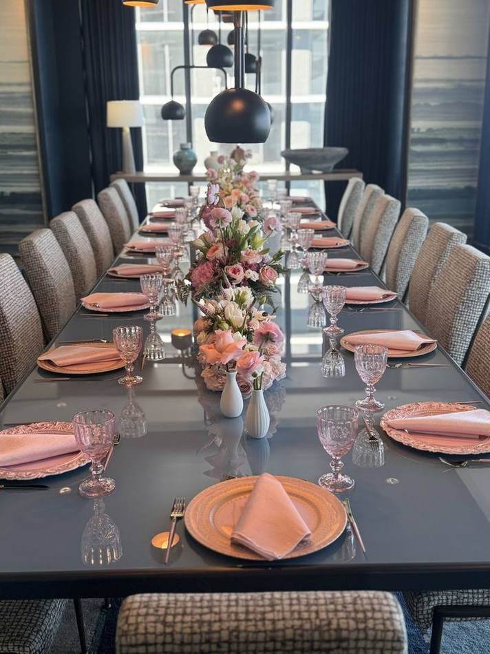 Indoor long table, blush. Chef Tasos Luxury Dining, Miami