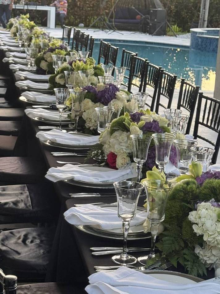 Poolside long table, florals. Chef Tasos Luxury Dining, Miami