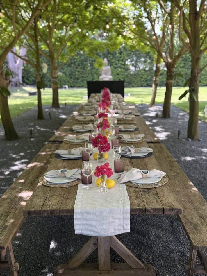 Garden long table, floral runner. Chef Tasos Luxury Dining, Miami