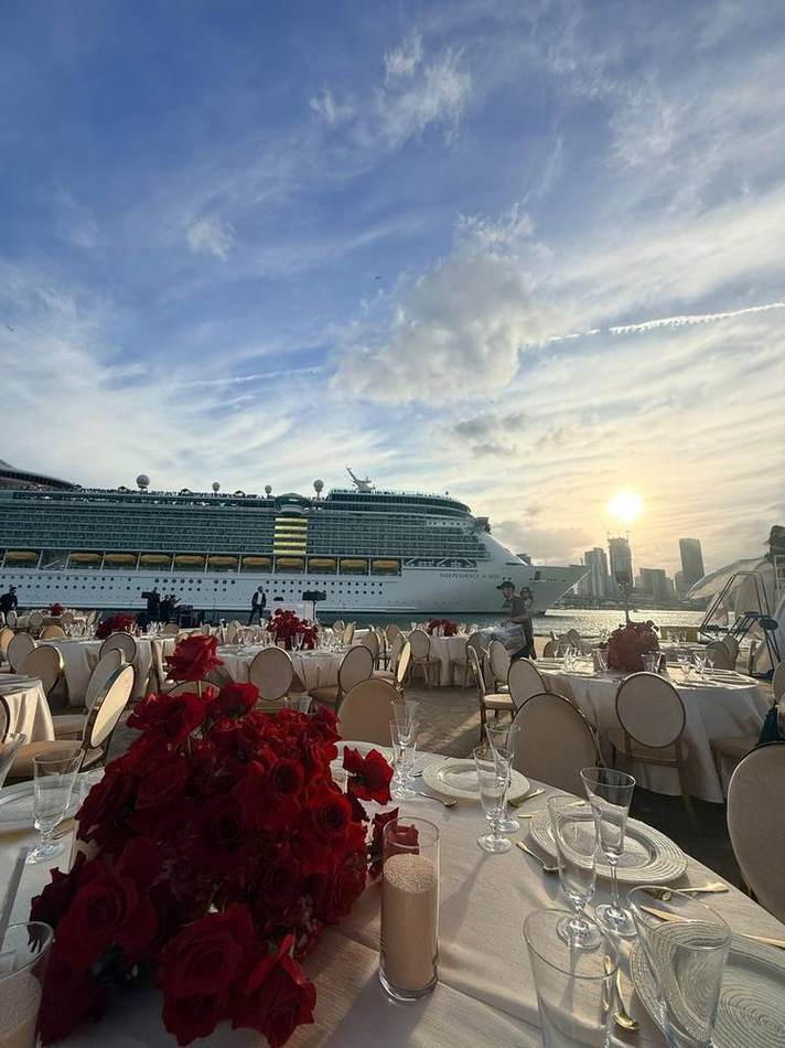 Sunset at the port, ship behind. Chef Tasos Luxury Dining, Miami