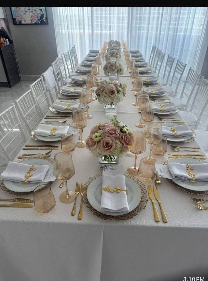 White and gold long table. Chef Tasos Luxury Dining, Miami