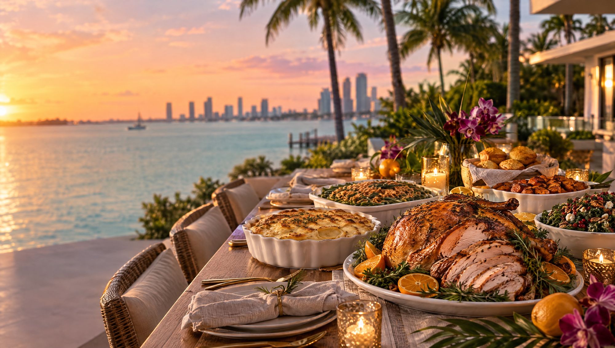 A Thanksgiving table set by the water in Miami